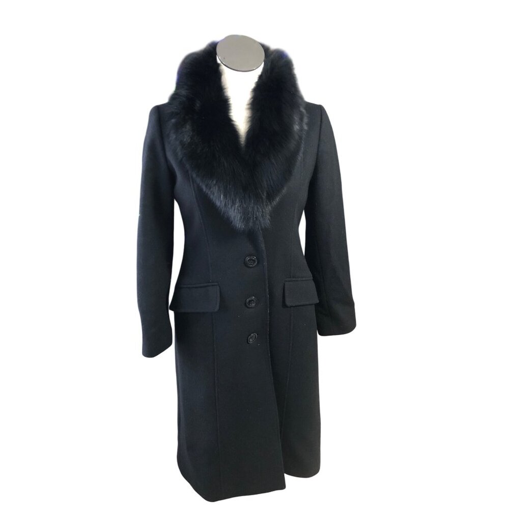 Sachi Coat Long Black Wool Cashmere Womens 2P Fox Fur Button Elegant Seams - Picture 14 of 16